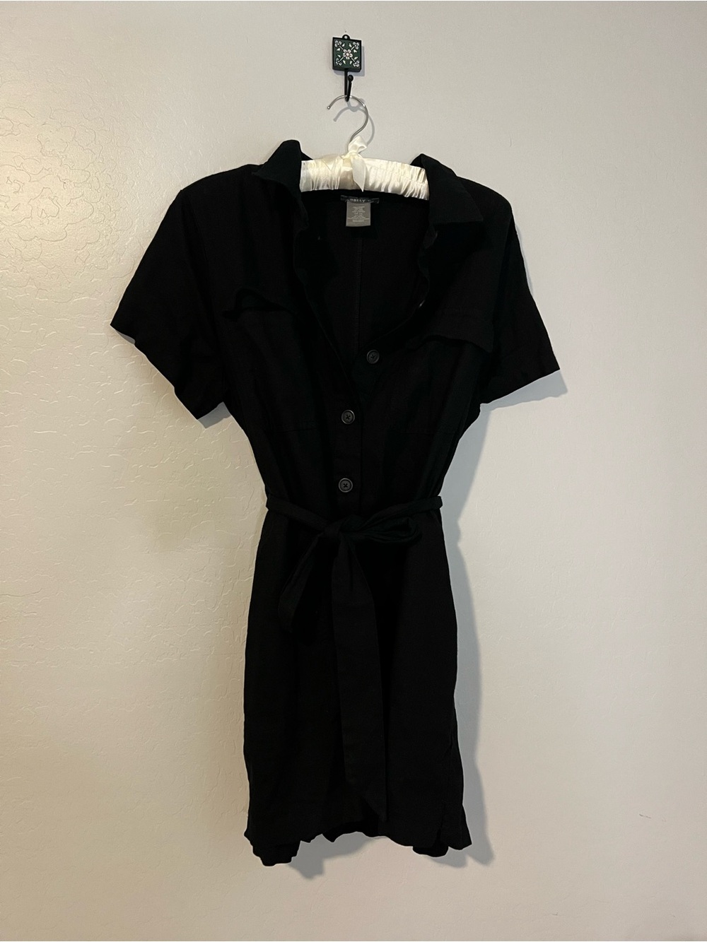 Matty M Black Short-Sleeve Button Mini Dress with Tie Waist